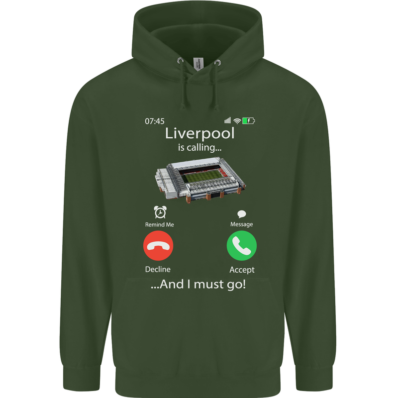Liverpool Is Calling Funny Football Childrens Kids Hoodie Forest Green