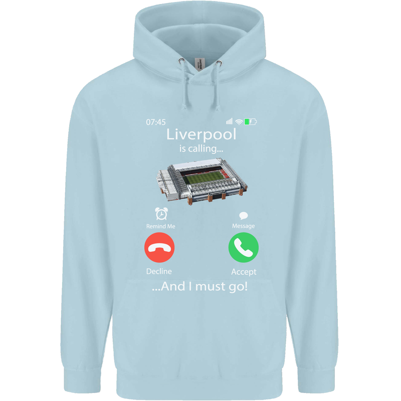 Liverpool Is Calling Funny Football Childrens Kids Hoodie Light Blue