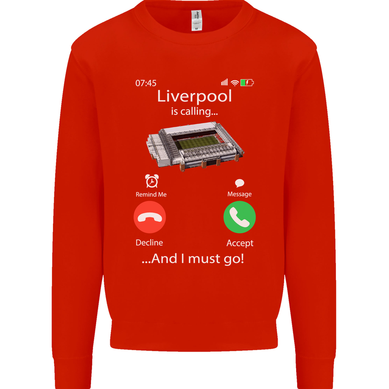 Liverpool Is Calling Funny Football Kids Sweatshirt Jumper Bright Red