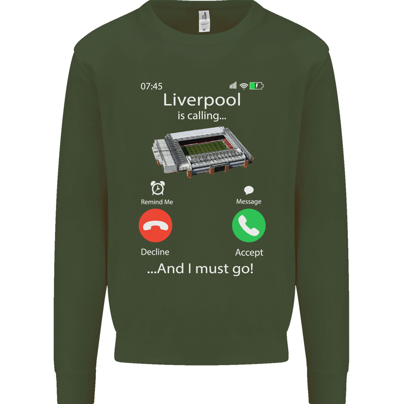 Liverpool Is Calling Funny Football Kids Sweatshirt Jumper Forest Green