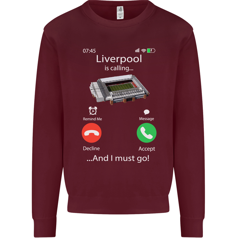 Liverpool Is Calling Funny Football Kids Sweatshirt Jumper Maroon