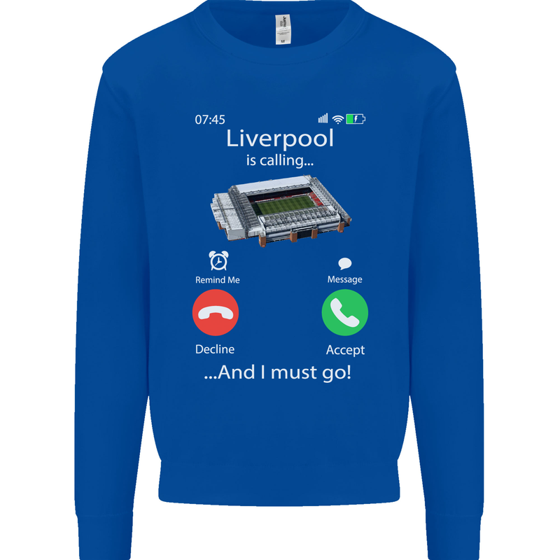 Liverpool Is Calling Funny Football Kids Sweatshirt Jumper Royal Blue
