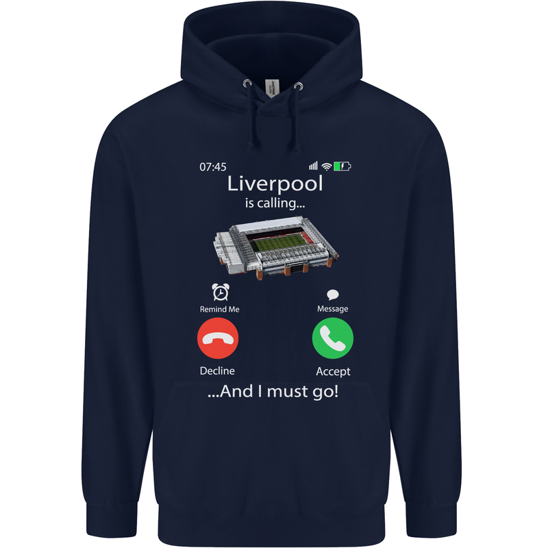 Liverpool Is Calling Funny Football Mens 80% Cotton Hoodie Navy Blue
