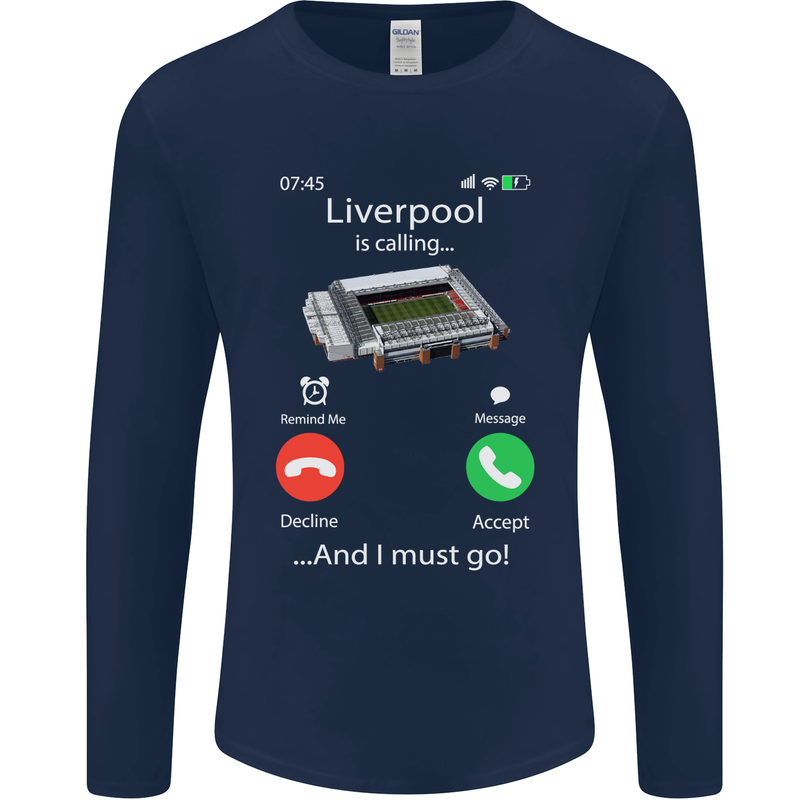 Liverpool Is Calling Funny Football Mens Long Sleeve T-Shirt Navy Blue
