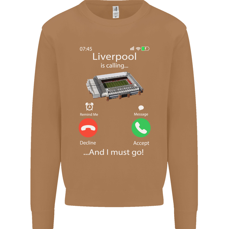 Liverpool Is Calling Funny Football Mens Sweatshirt Jumper Caramel Latte
