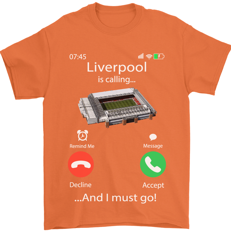 Liverpool Is Calling Funny Football Mens T-Shirt Cotton Gildan Orange