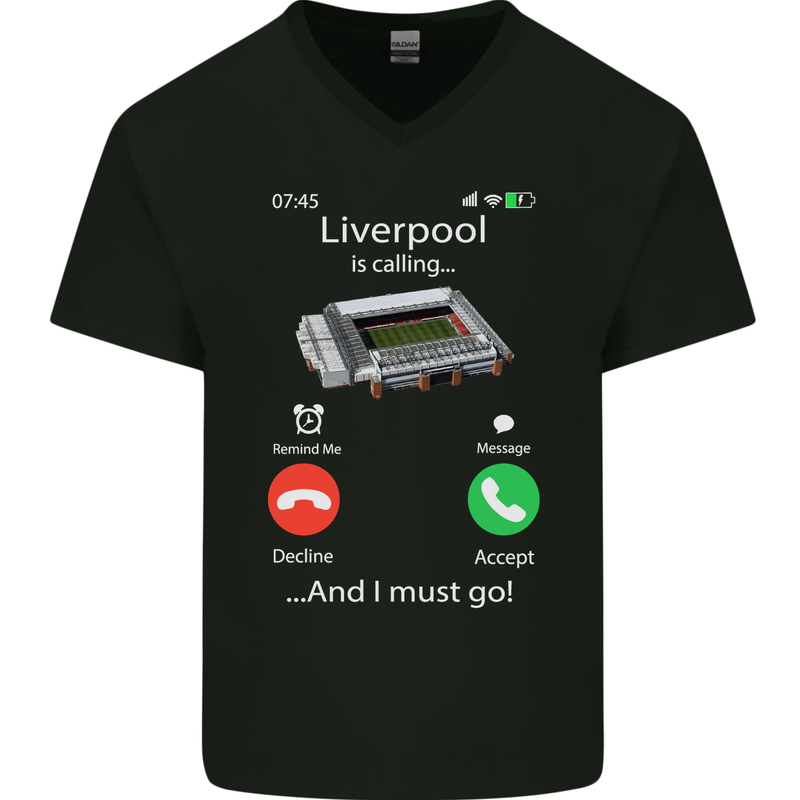 Liverpool Is Calling Funny Football Mens V-Neck Cotton T-Shirt Black