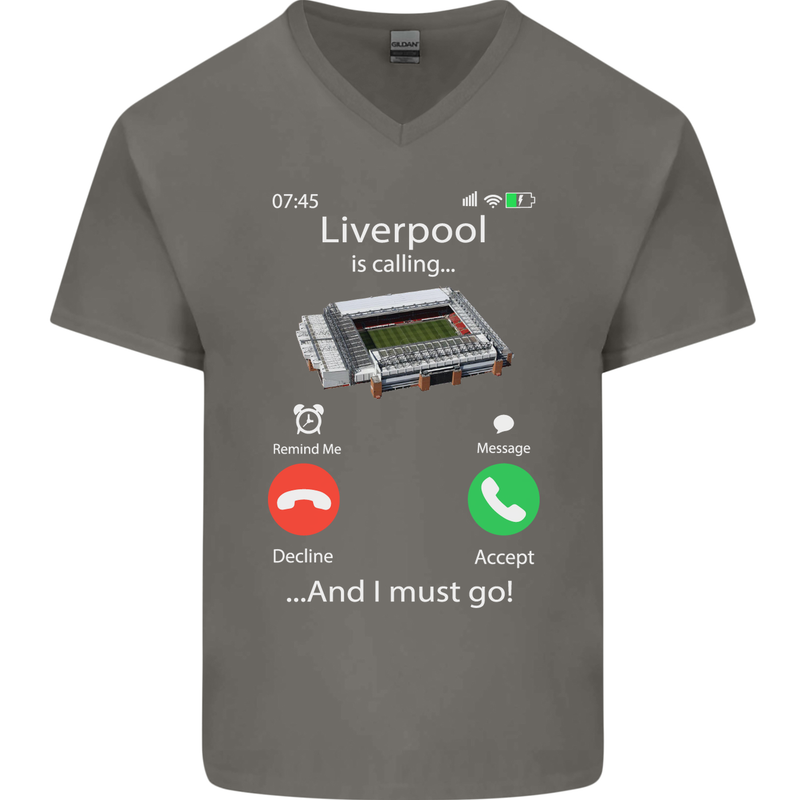 Liverpool Is Calling Funny Football Mens V-Neck Cotton T-Shirt Charcoal
