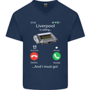 Liverpool Is Calling Funny Football Mens V-Neck Cotton T-Shirt Navy Blue