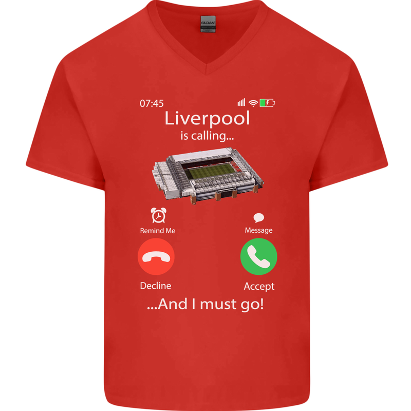 Liverpool Is Calling Funny Football Mens V-Neck Cotton T-Shirt Red