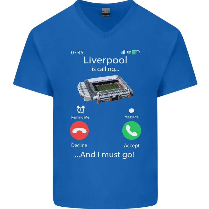 Liverpool Is Calling Funny Football Mens V-Neck Cotton T-Shirt Royal Blue