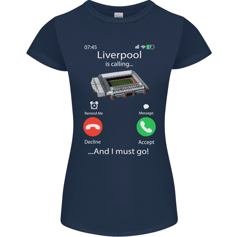 Liverpool Is Calling Funny Football Womens Petite Cut T-Shirt Navy Blue