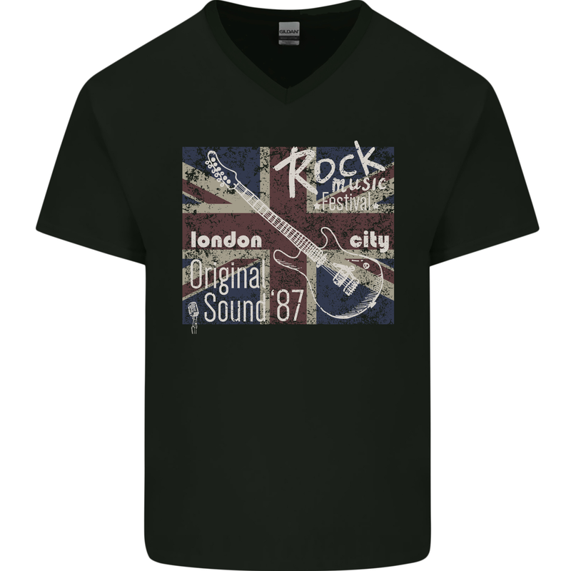 London Rock Gig Retro Guitar Flyer Mens V-Neck Cotton T-Shirt Black