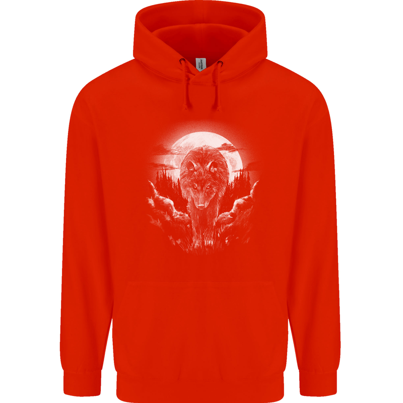 Lone Wolf In the Moonlight Childrens Kids Hoodie Bright Red