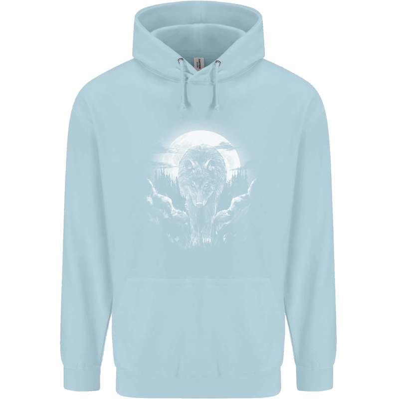 Lone Wolf In the Moonlight Childrens Kids Hoodie Light Blue
