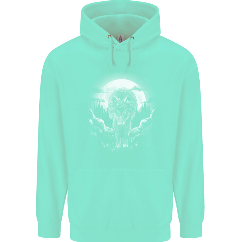 Lone Wolf In the Moonlight Childrens Kids Hoodie Peppermint