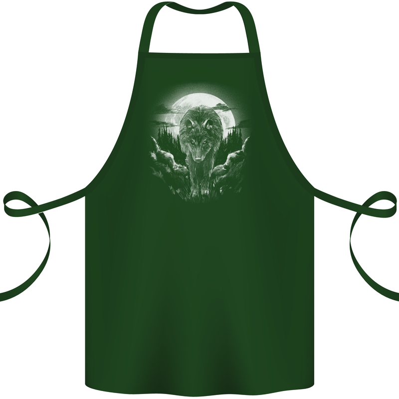 Lone Wolf In the Moonlight Cotton Apron 100% Organic Forest Green