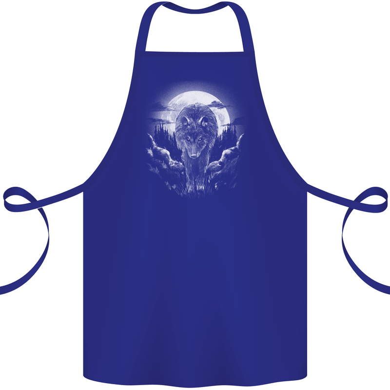 Lone Wolf In the Moonlight Cotton Apron 100% Organic Royal Blue