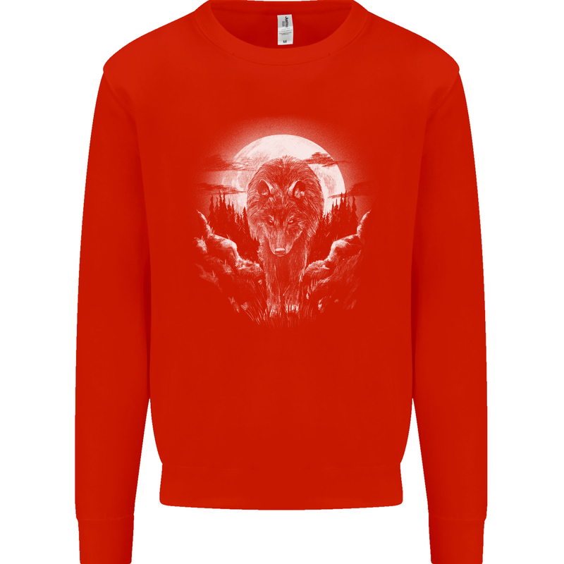 Lone Wolf In the Moonlight Kids Sweatshirt Jumper Bright Red