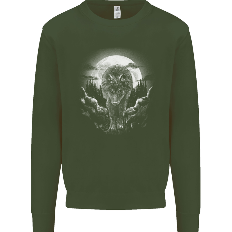 Lone Wolf In the Moonlight Kids Sweatshirt Jumper Forest Green