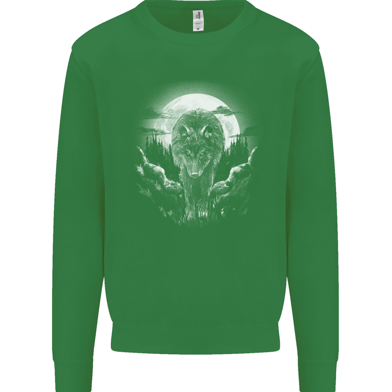 Lone Wolf In the Moonlight Kids Sweatshirt Jumper Irish Green