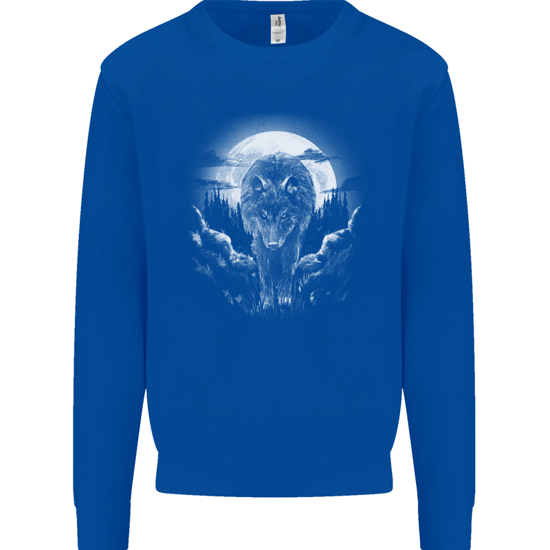 Lone Wolf In the Moonlight Kids Sweatshirt Jumper Royal Blue