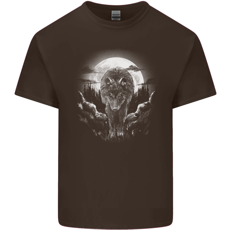 Lone Wolf In the Moonlight Kids T-Shirt Childrens Chocolate