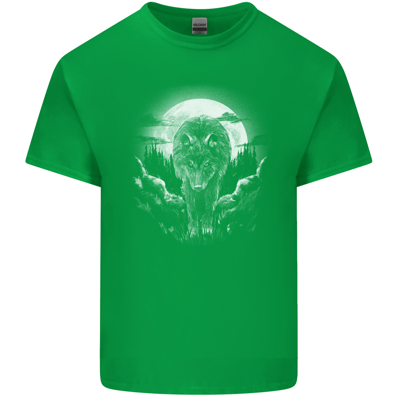 Lone Wolf In the Moonlight Kids T-Shirt Childrens Irish Green