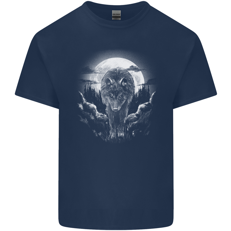 Lone Wolf In the Moonlight Kids T-Shirt Childrens Navy Blue