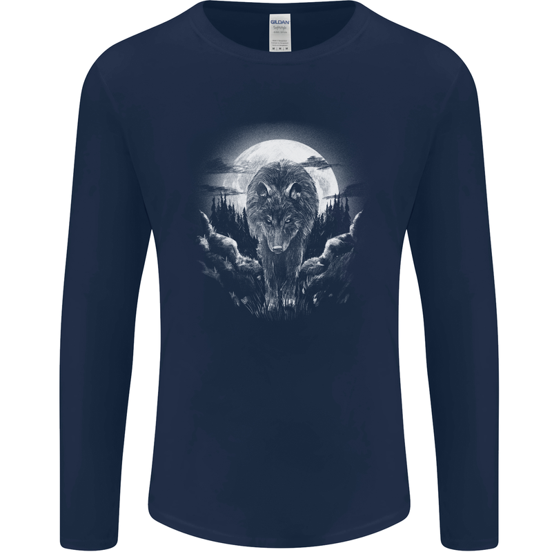 Lone Wolf In the Moonlight Mens Long Sleeve T-Shirt Navy Blue