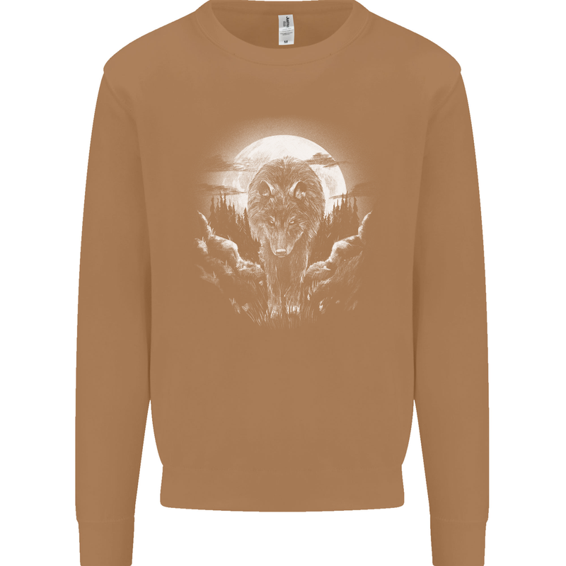 Lone Wolf In the Moonlight Mens Sweatshirt Jumper Caramel Latte