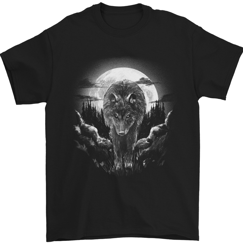 Lone Wolf In the Moonlight Mens T-Shirt Cotton Gildan Black