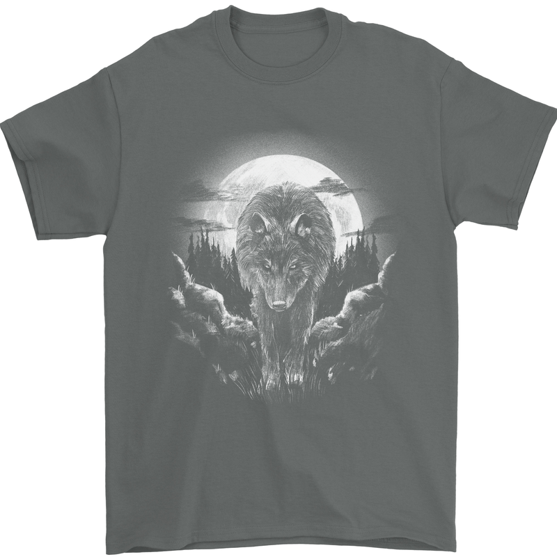 Lone Wolf In the Moonlight Mens T-Shirt Cotton Gildan Charcoal