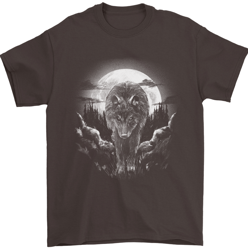Lone Wolf In the Moonlight Mens T-Shirt Cotton Gildan Dark Chocolate