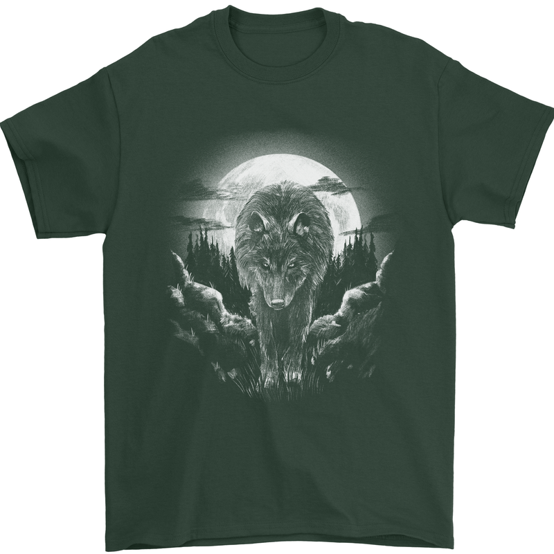 Lone Wolf In the Moonlight Mens T-Shirt Cotton Gildan Forest Green