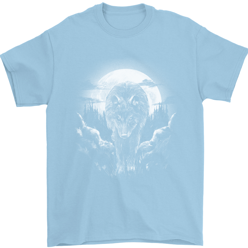Lone Wolf In the Moonlight Mens T-Shirt Cotton Gildan Light Blue