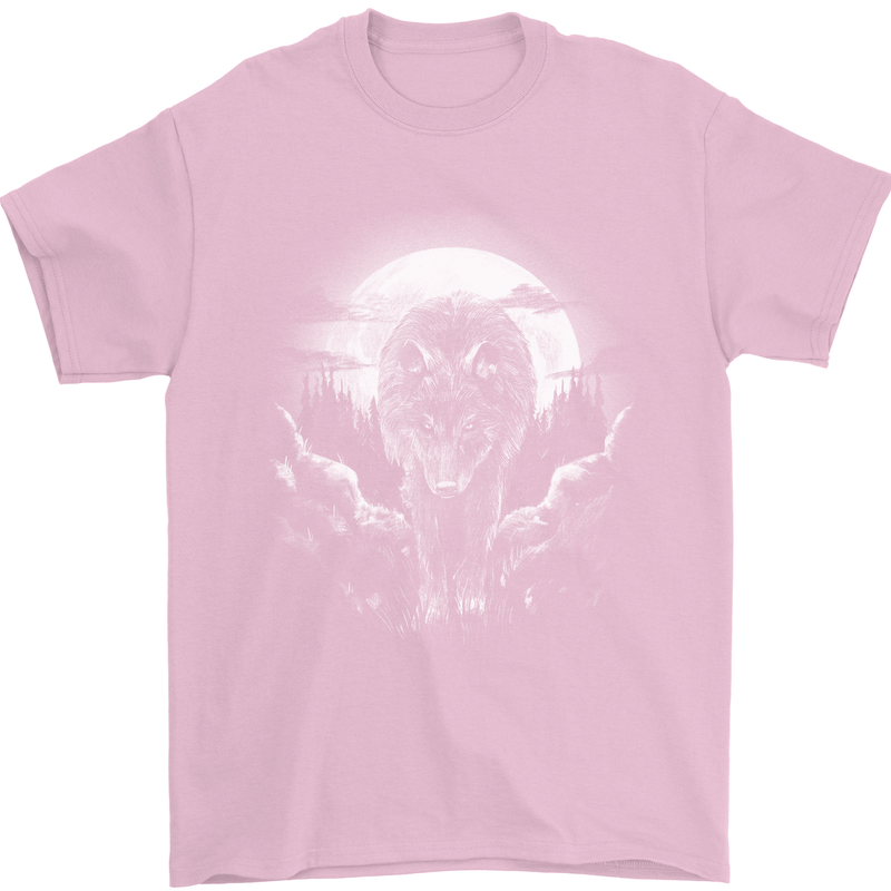 Lone Wolf In the Moonlight Mens T-Shirt Cotton Gildan Light Pink