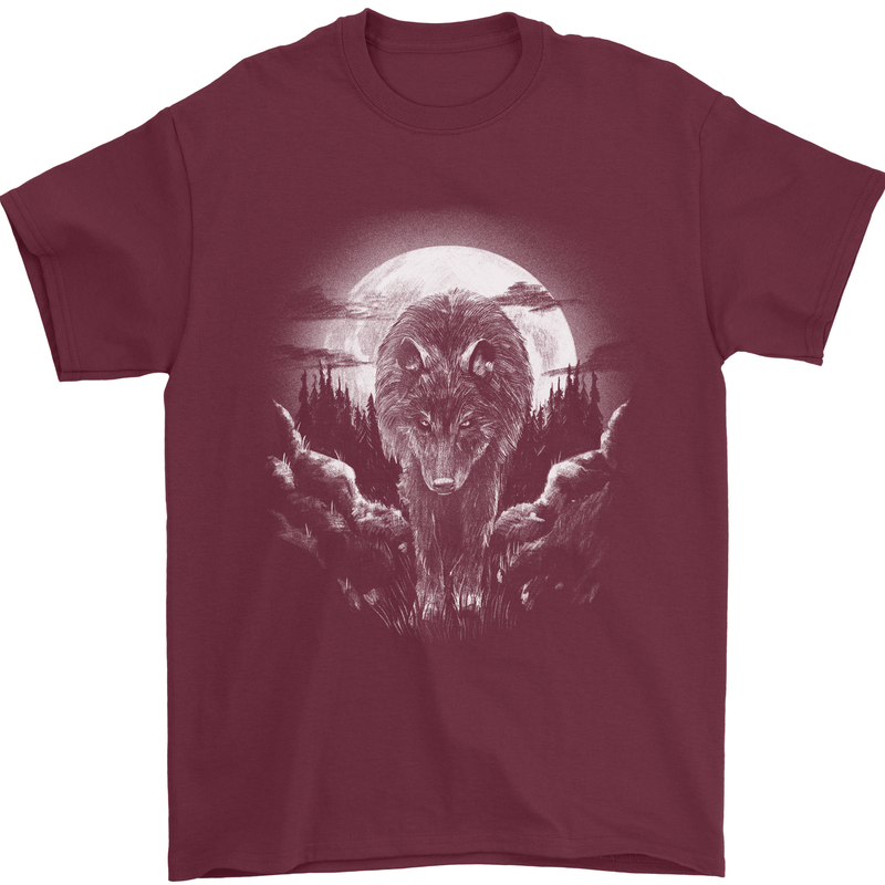 Lone Wolf In the Moonlight Mens T-Shirt Cotton Gildan Maroon