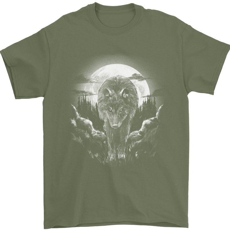 Lone Wolf In the Moonlight Mens T-Shirt Cotton Gildan Military Green