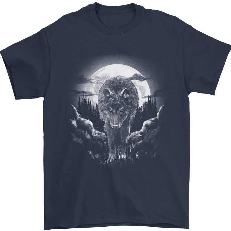 Lone Wolf In the Moonlight Mens T-Shirt Cotton Gildan Navy Blue