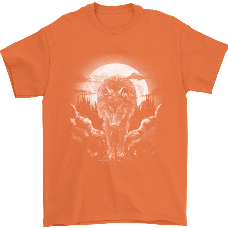 Lone Wolf In the Moonlight Mens T-Shirt Cotton Gildan Orange