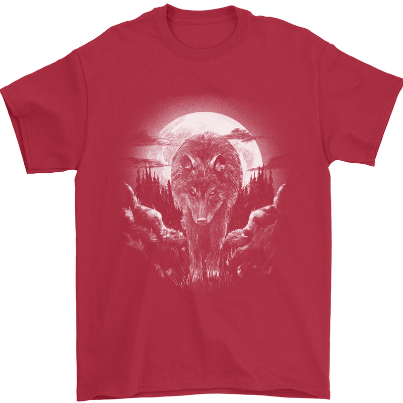 Lone Wolf In the Moonlight Mens T-Shirt Cotton Gildan Red