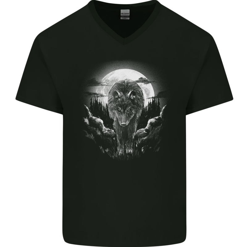 Lone Wolf In the Moonlight Mens V-Neck Cotton T-Shirt Black