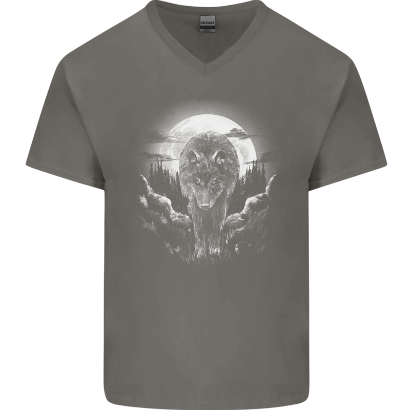 Lone Wolf In the Moonlight Mens V-Neck Cotton T-Shirt Charcoal