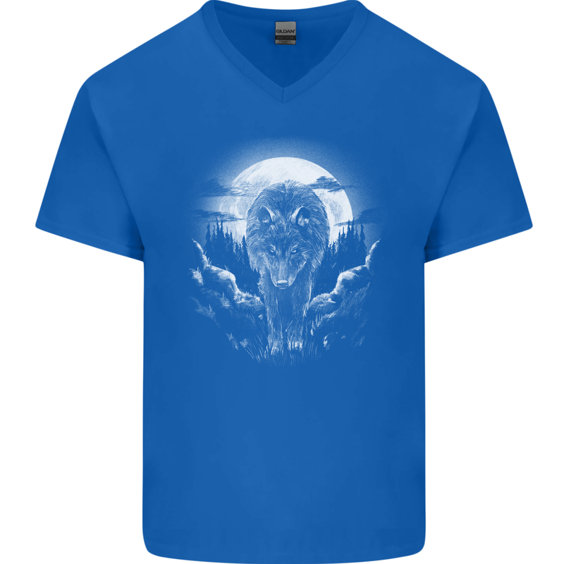 Lone Wolf In the Moonlight Mens V-Neck Cotton T-Shirt Royal Blue