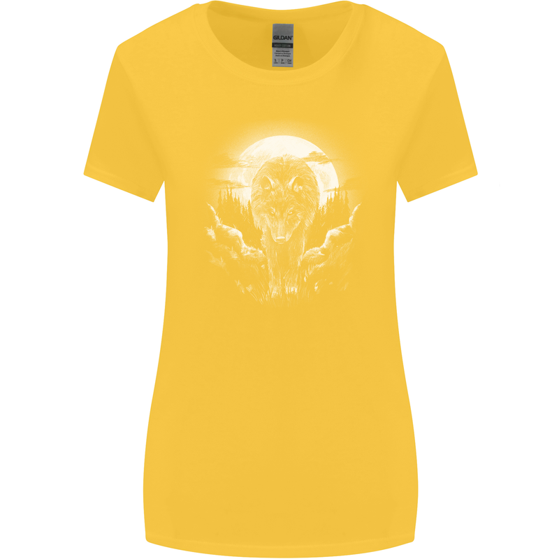 Lone Wolf In the Moonlight Womens Wider Cut T-Shirt Yellow