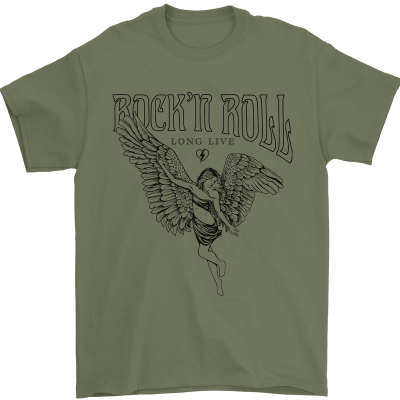 Long Live Rock n Roll Angel Mens T-Shirt 100% Cotton Military Green