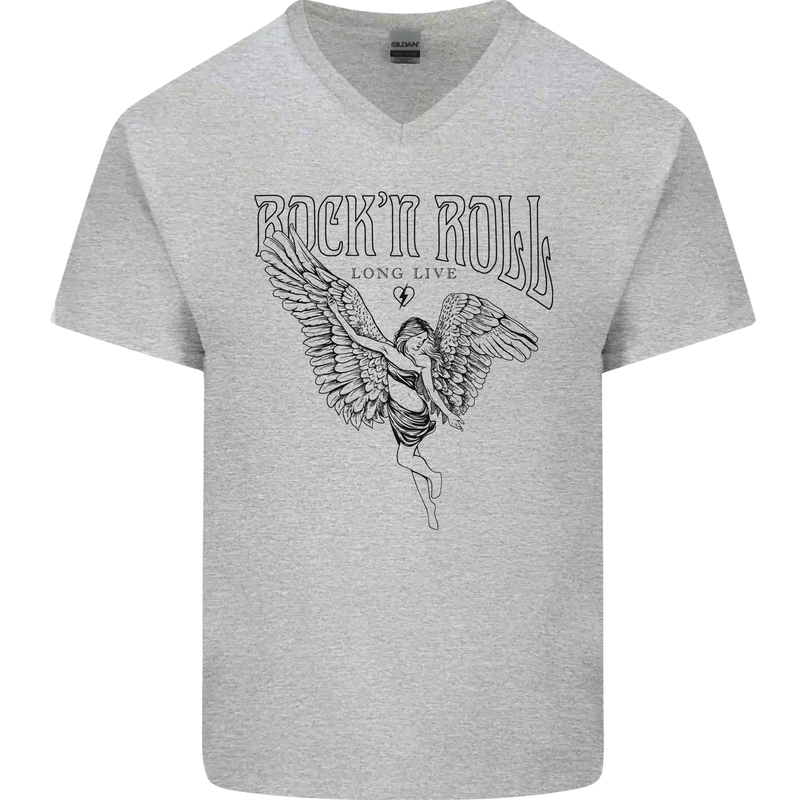 Long Live Rock n Roll Angel Mens V-Neck Cotton T-Shirt Sports Grey