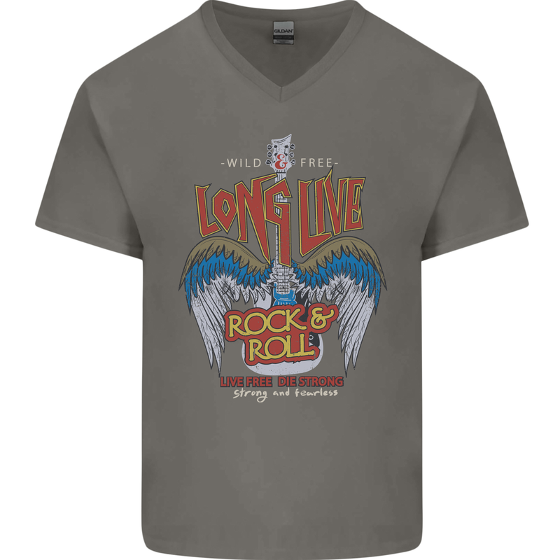 Long Live Rock n Roll Heavy Metal Guitar Mens V-Neck Cotton T-Shirt Charcoal