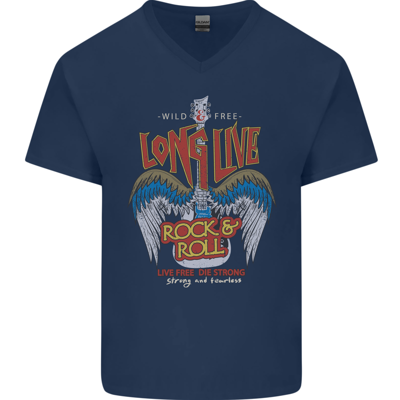 Long Live Rock n Roll Heavy Metal Guitar Mens V-Neck Cotton T-Shirt Navy Blue